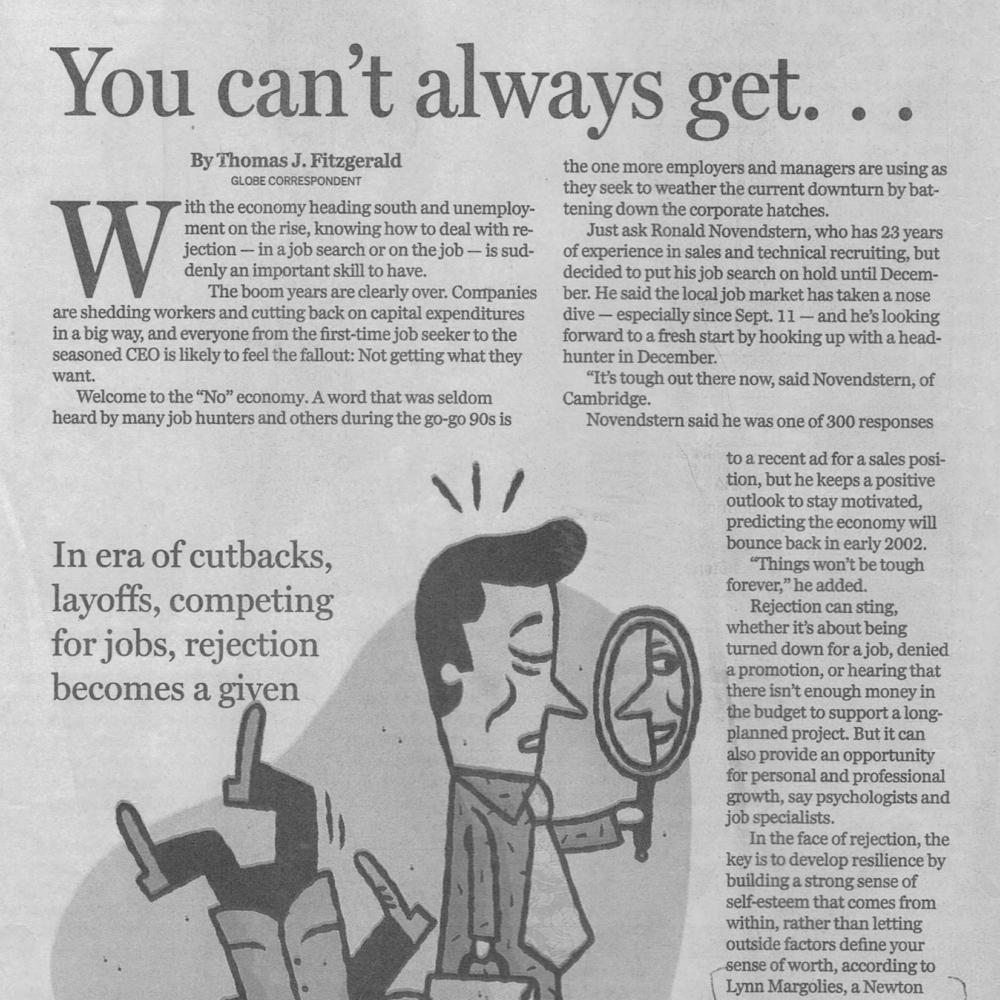 Illustration of a man looking frustrated while holding a magnifying glass over a job rejection letter, with a briefcase in a trash bin.