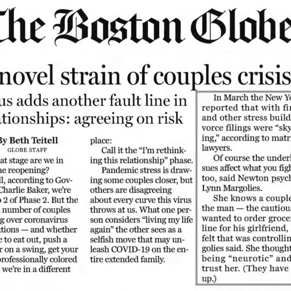 Article discusses pandemic-related relationship strains, featuring insights from psychologist Lynn Margolies.