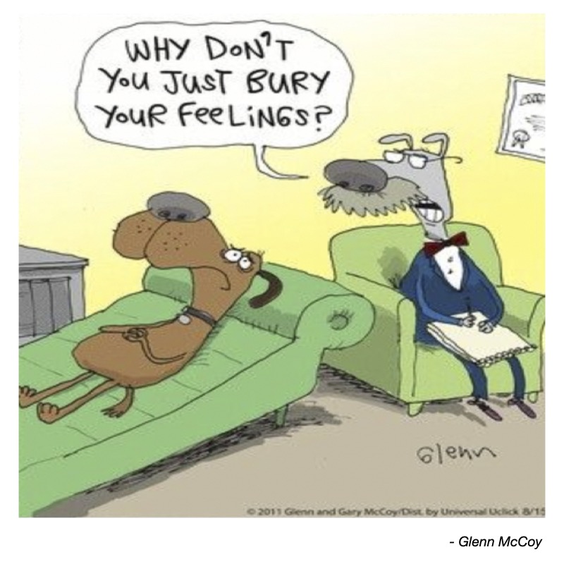A dog lies on a couch while a therapist dog suggests burying feelings.