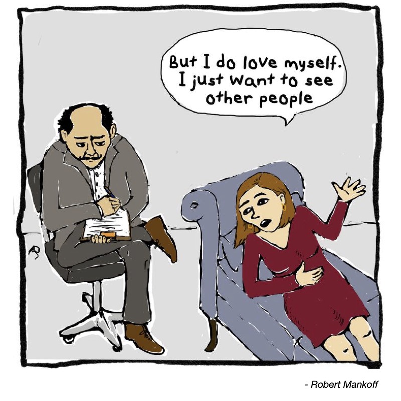 A woman in a red dress expresses frustration to a seated man taking notes.