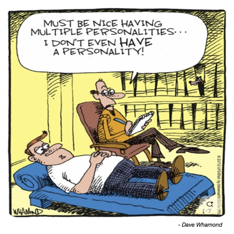 A therapist takes notes while a patient on a couch humorously laments lacking a personality.