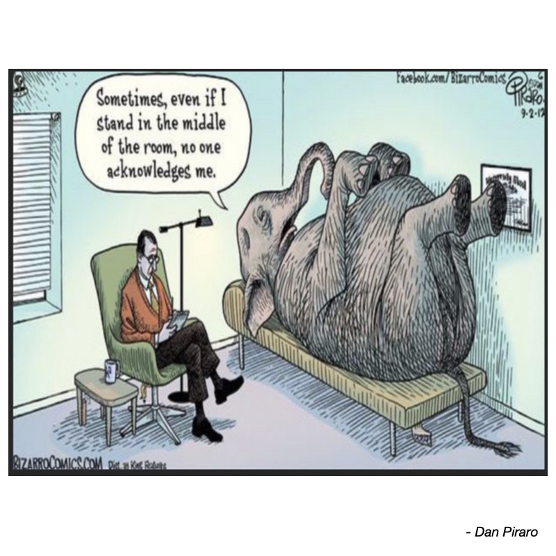 A man sits in a chair, reading, while an elephant lounges on a couch, expressing feelings of being ignored.