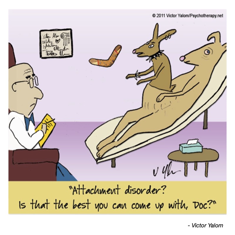 A therapist takes notes while a dog humorously questions its diagnosis on a couch.