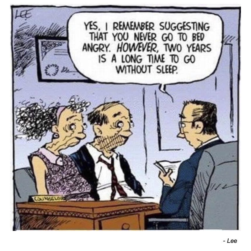 A couple sits in a therapist's office discussing sleep and anger issues. The therapist takes notes.