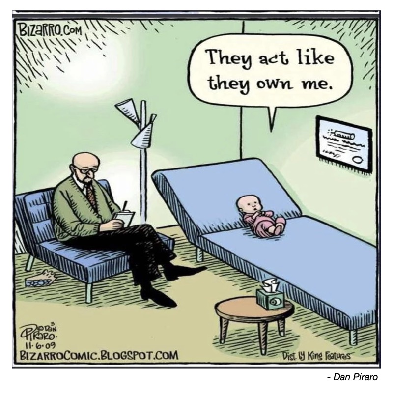 A man reads while a baby on a couch comments about being treated like property.