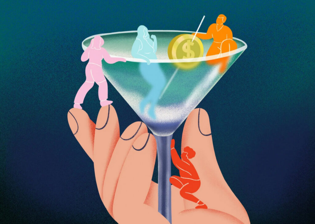 A hand holds a martini glass with small figures inside, including a dollar sign and three people in various poses.