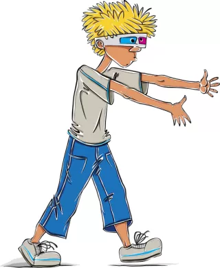 A cartoon boy with spiky blonde hair and 3D glasses walks forward, arms outstretched.